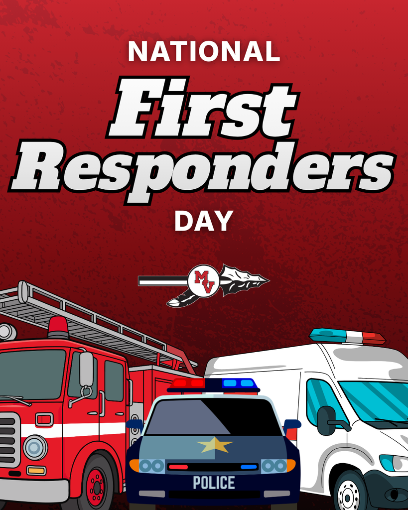 National First Responders Day tribute featuring a fire truck, police car, ambulance, and MV school emblem on a red background.