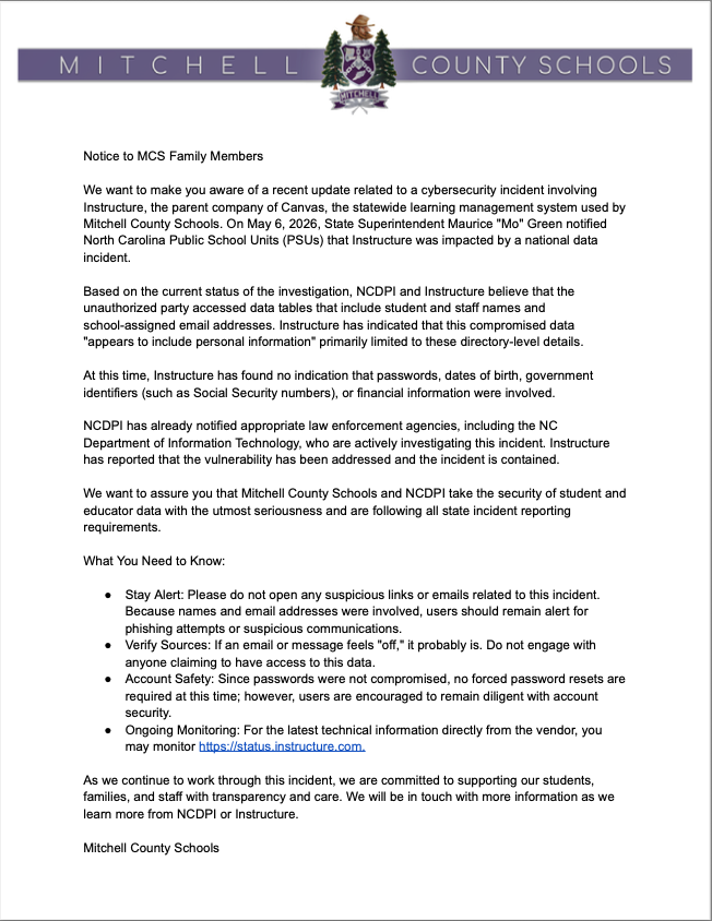 Notice to MCS Family members about Canvas (Instructure) security breach