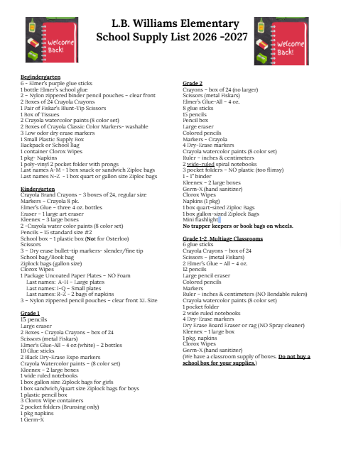 LBW Supply List