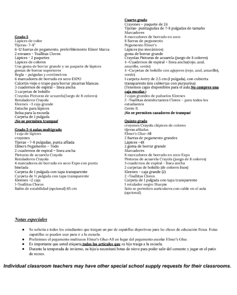 Spanish Supply List