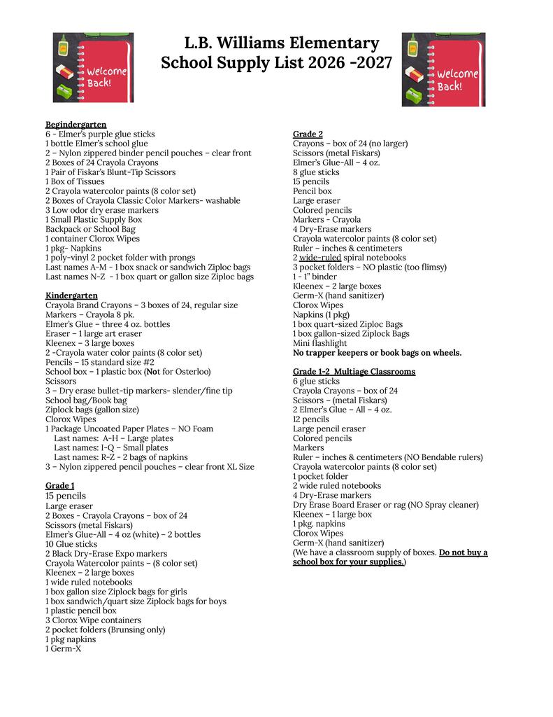 School Supply List 2026-2027!