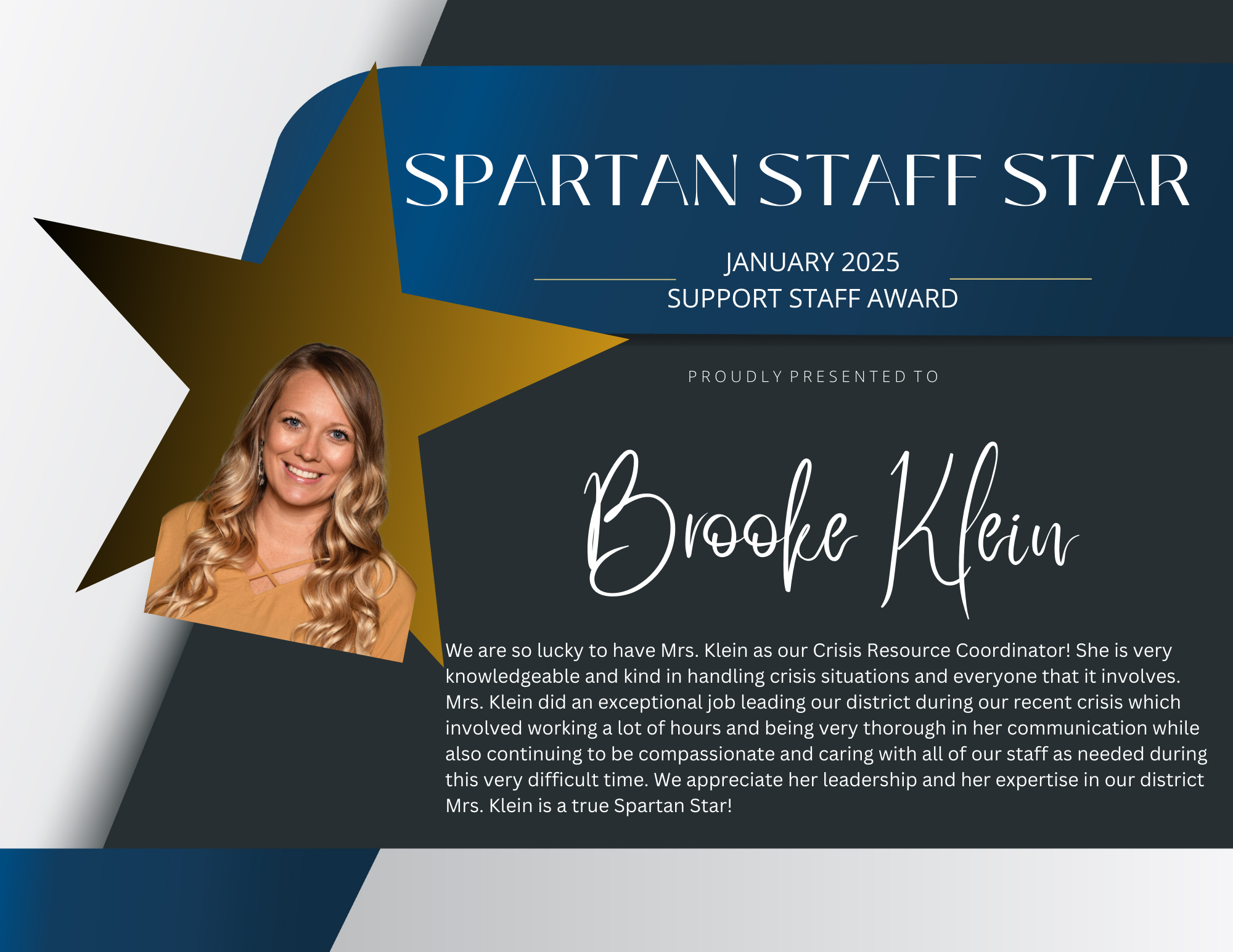 Mrs. Brooke Klein Selected as Spartan Staff Star | Moberly School