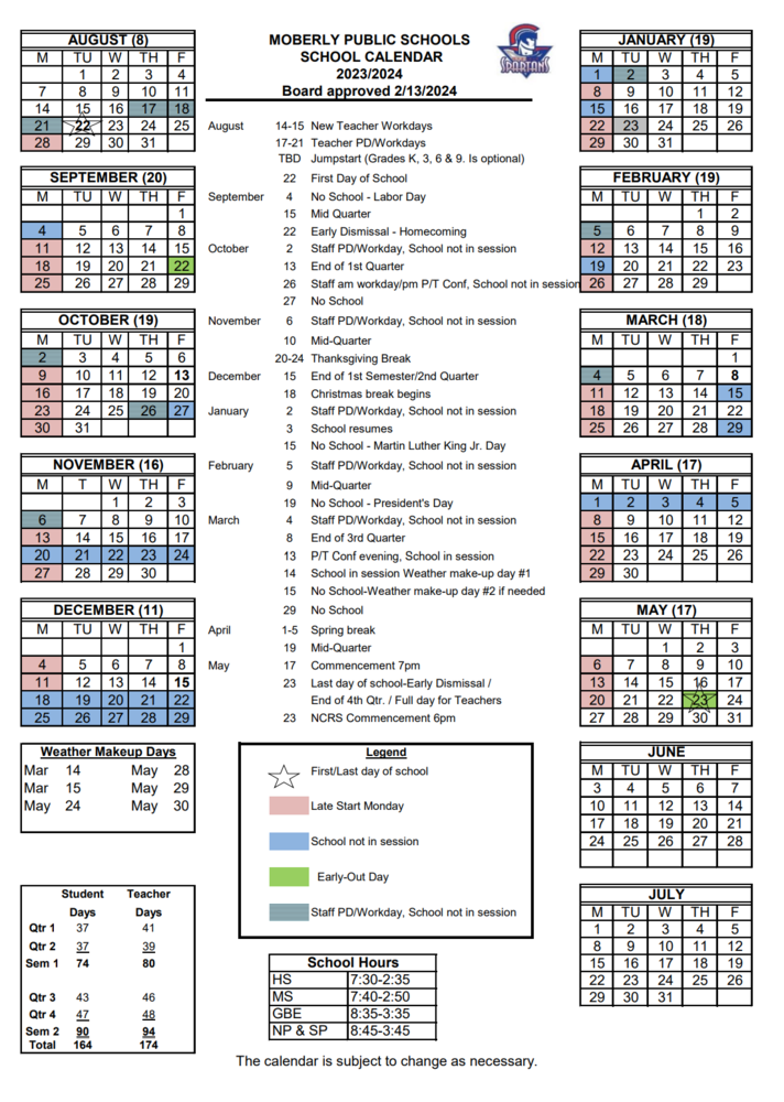 Revision to 2023-2024 Calendar | Moberly School District