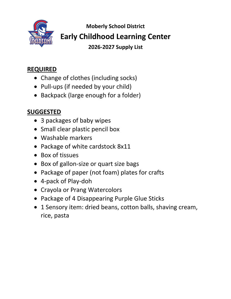 2026-2027 School Supply List for students at the Early Childhood Learning Center.