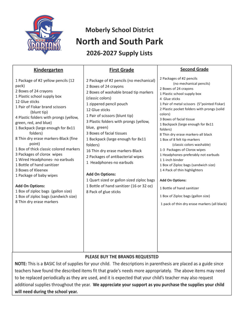 2026-2027 School Supply Lists for Kinder, First and Second grades at North Park and South Park Elementary Schools.