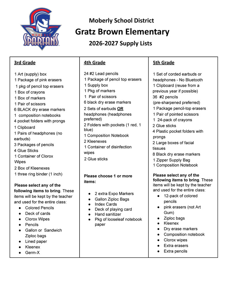 2026-2027 School Supply Lists for Third, Fourth and Fifth grades at Gratz Brown Elementary School.