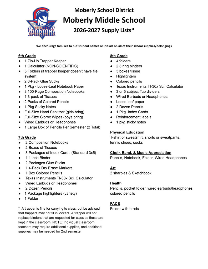 2026-2027 School Supply Lists for Sixth, Seventh and Eighth grades at Moberly Middle School.