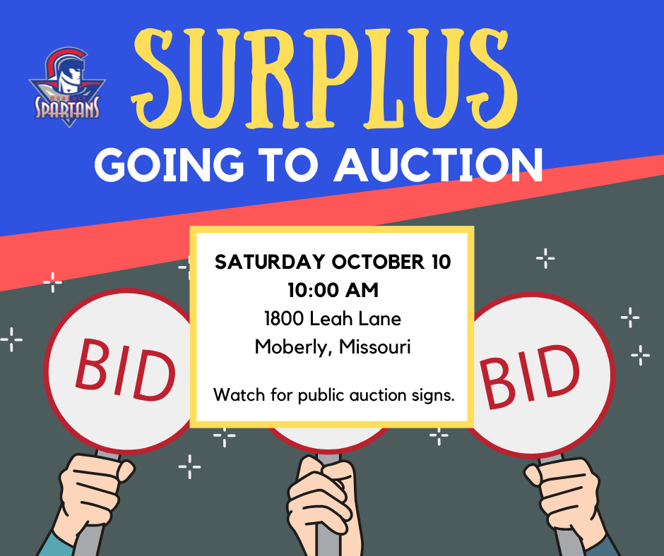 Surplus Auction for Moberly School District to be held Saturday October 10th at 10:00 am at 1800 Leah Lane.