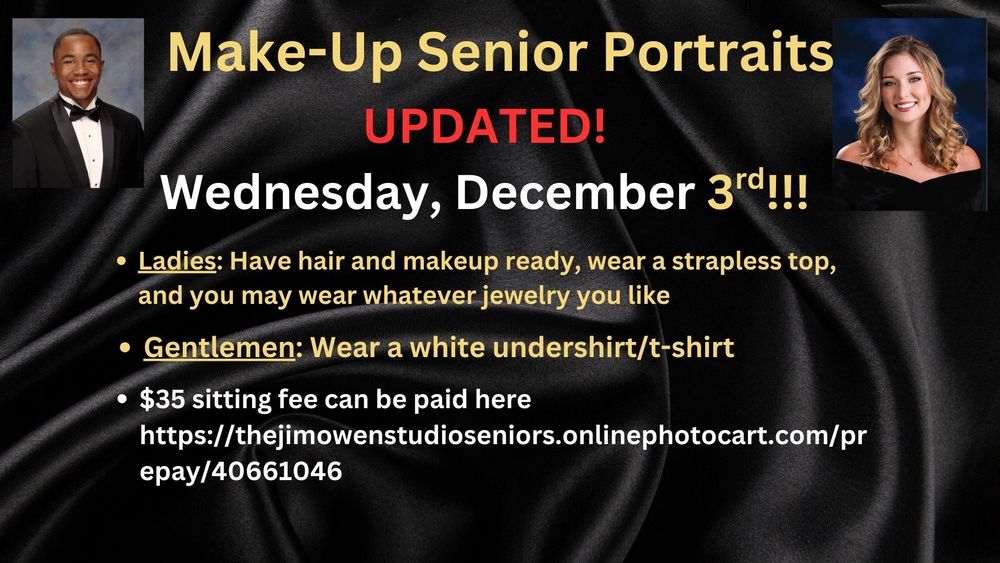 Make-Up Senior Portraits: Wednesday, December 3rd