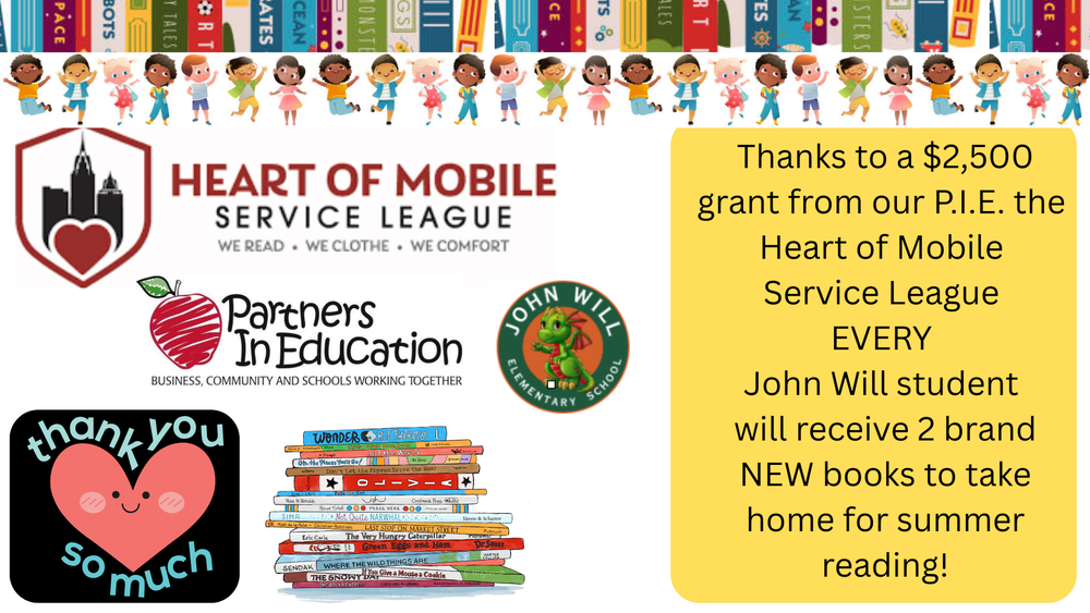 Thank you to our Partner in Education The Heart of Mobile Service League for the $2,500 in books for our students!