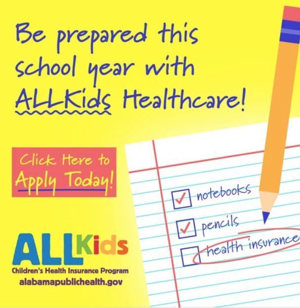 picture of a pencil and paper with a school supply list and the words be prepared this school year with AllKids Healthcare! Children;s health insurance program alabamapublichealth.gov