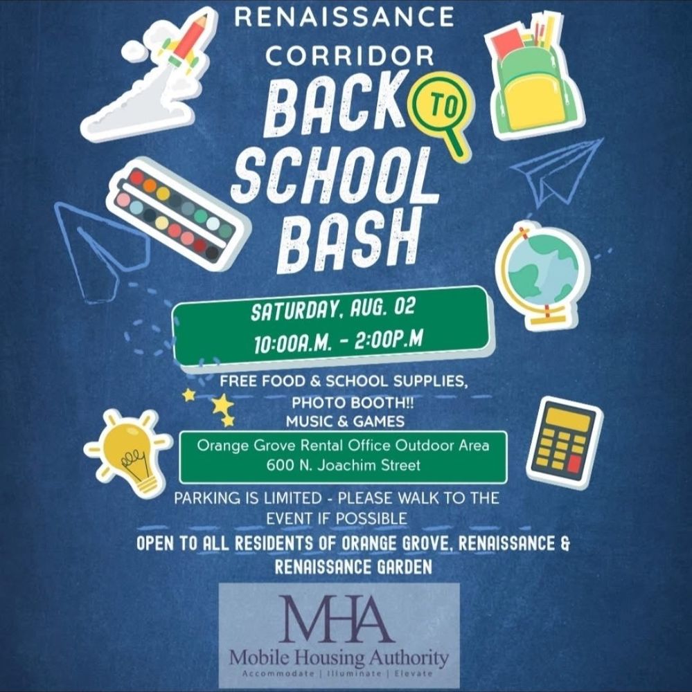 Colorful flyer for the Renaissance Corridor Back to School Bash featuring bold text, school-themed graphics, and event details. The flyer includes the date, time, location, and activities such as free school supplies, food, music, and games for students and families.