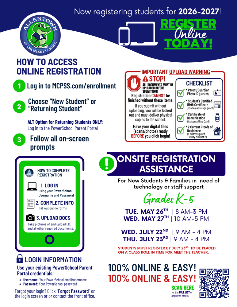 Informational flyer for Allentown Elementary School titled "Now registering students for 2026-2027! Register Online TODAY!" The flyer outlines a 3-step guide to access online registration: 1. Log in to MCPSS.com/enrollment. 2. Choose "New Student" or "Returning Student" (with an ALT Option for Returning Students ONLY to log in to the PowerSchool Parent Portal). 3. Follow all on-screen prompts. A distinct section titled "Onsite Registration Assistance" provides support dates for Grades K-5 new students and families in need of technology or staff support: Tuesday, May 26th from 8 AM to 3 PM; Wednesday, May 27th from 10 AM to 5 PM; Wednesday, July 22nd from 9 AM to 4 PM; and Thursday, July 23rd from 9 AM to 4 PM. A note stresses that students must register by July 23rd to be placed on a class roll in time for Meet the Teacher. The flyer features an "Important Upload Warning" requiring a parent photo ID, student birth certificate, Alabama Blue Card immunization certificate, and 2 current proofs of residence to be uploaded before submitting to avoid an account lockout. Login details note to use existing PowerSchool credentials, and a QR code links to the full list of approved proofs.