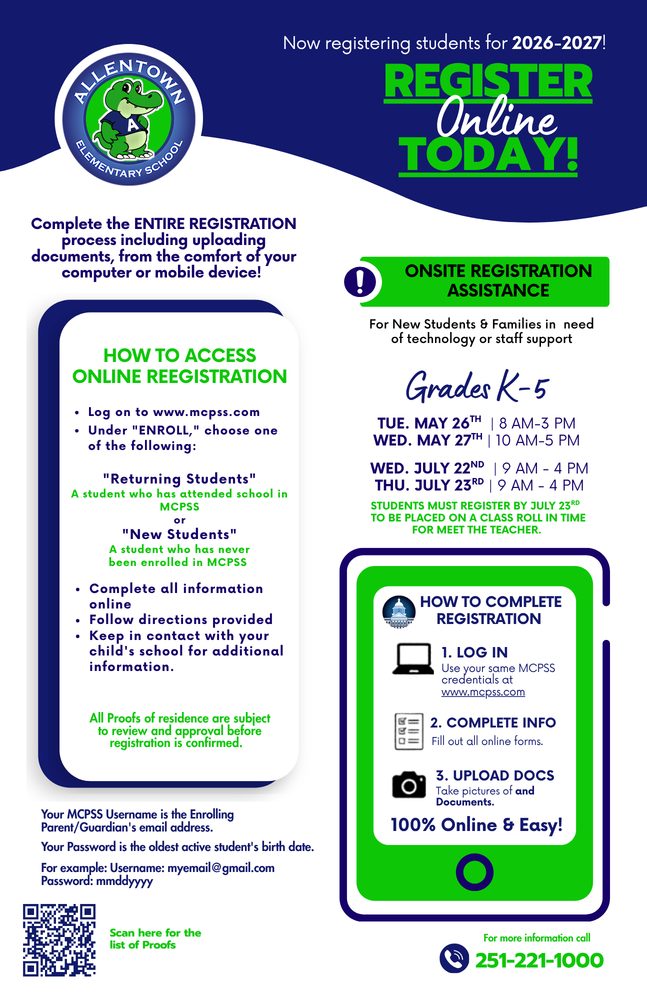 Graphic titled "How to Complete Registration" featuring the Allentown Elementary mascot and a three-step online registration process for the 2026-2027 school year, including onsite assistance dates in May and July.