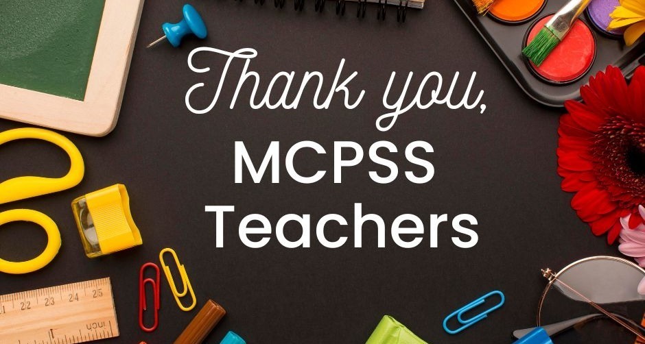 Words "Thank You, MCPSS Teachers" with school supplies