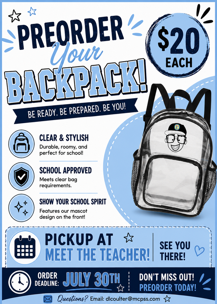 Order Backpack online for $20. Pick up at Meet the Teacher.