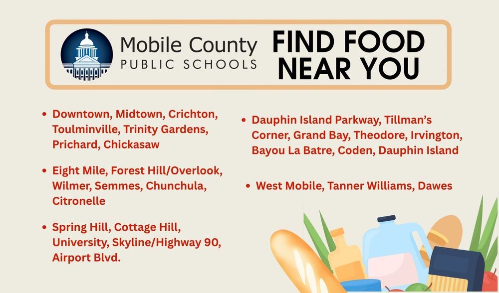 "Mobile County Public Schools Find Food Near You guide, listing service areas like Downtown, Eight Mile, Spring Hill, Dauphin Island Parkway, and West Mobile."
