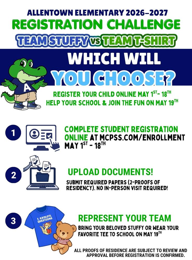 Graphic flyer for Allentown Elementary 2026–2027 Registration Challenge. The flyer features the green alligator school mascot and outlines a three-step registration process. Step 1: Complete online registration May 1-18. Step 2: Upload 2 proofs of residency. Step 3: Represent your team (Team Stuffy or Team T-Shirt) on May 19th.