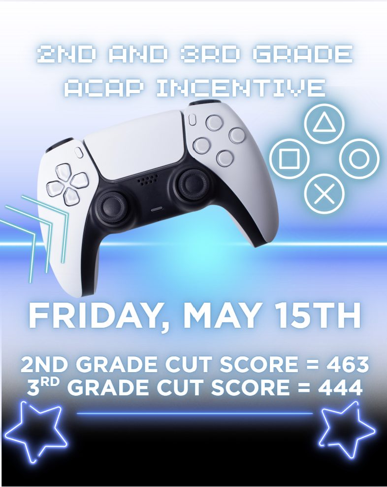 2nd and 3rd Grade ACAP Incentive Friday, May 15th, 2nd Grade Cut Score = 463, 3rd Grade Cut Score = 444