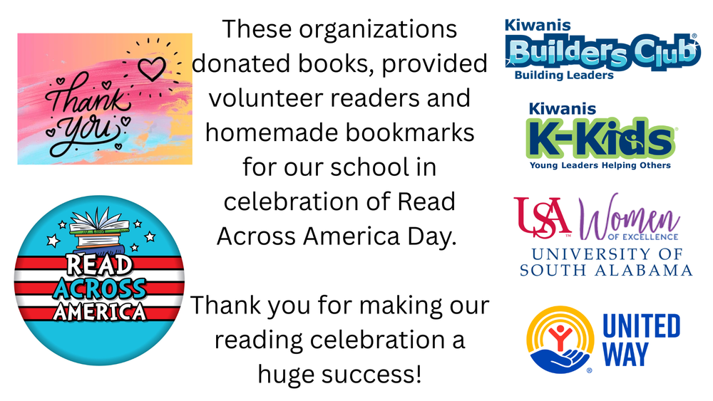 Thank you to Kiwanis club, USA Women of Excellence and United Way for your support and donations during Read Across America 2026