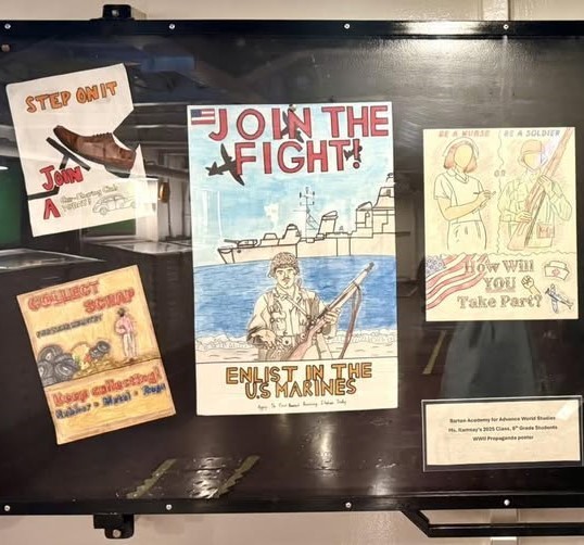 Versions of World War II propaganda posters drawn by Barton Academy sixth-graders