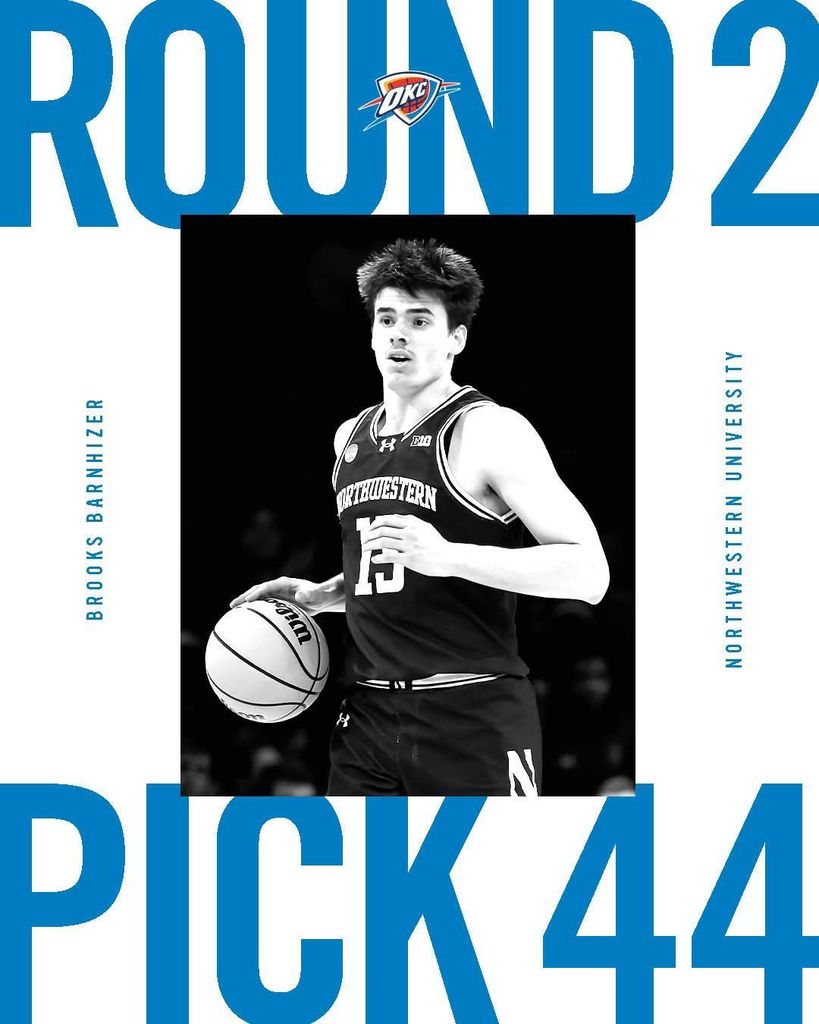 A photo of Northwestern University basketball player Brooks Barnhizer in uniform, dribbling a ball. The photo is surrounded by the words: "Round 2, Pick 44: Brooks Barnhizer, Northwestern University" and the logo of the Oklahoma City Thunder