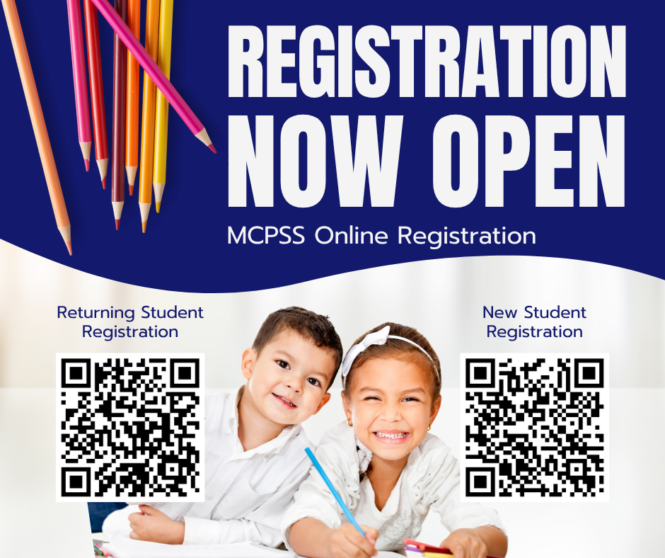 Graphic for online registration with QR codes to help parents get to the website.