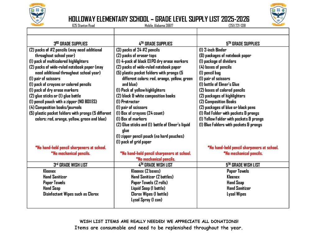 School Supply list