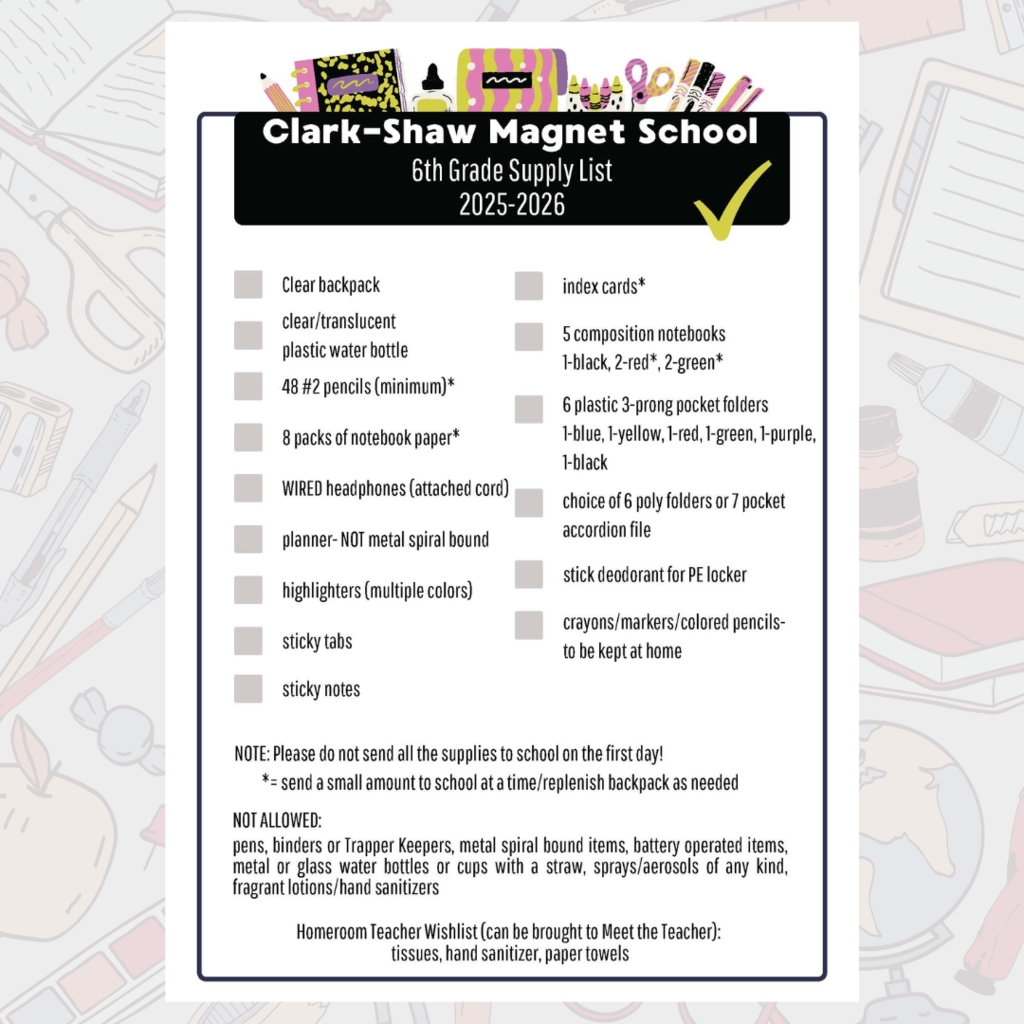 6th Grade Supply List 2025
