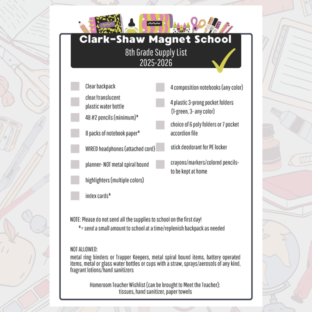8th Grade Supply List 2025