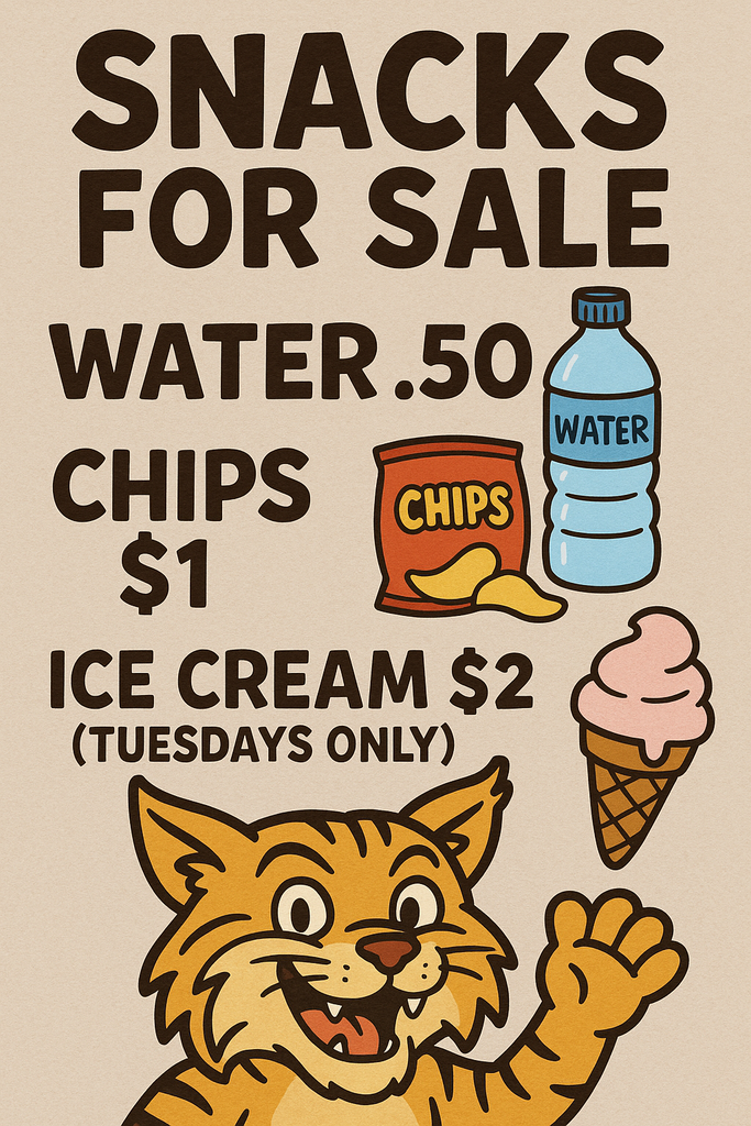 Snack Sale . Water .50, chips $1, ice cream $2.