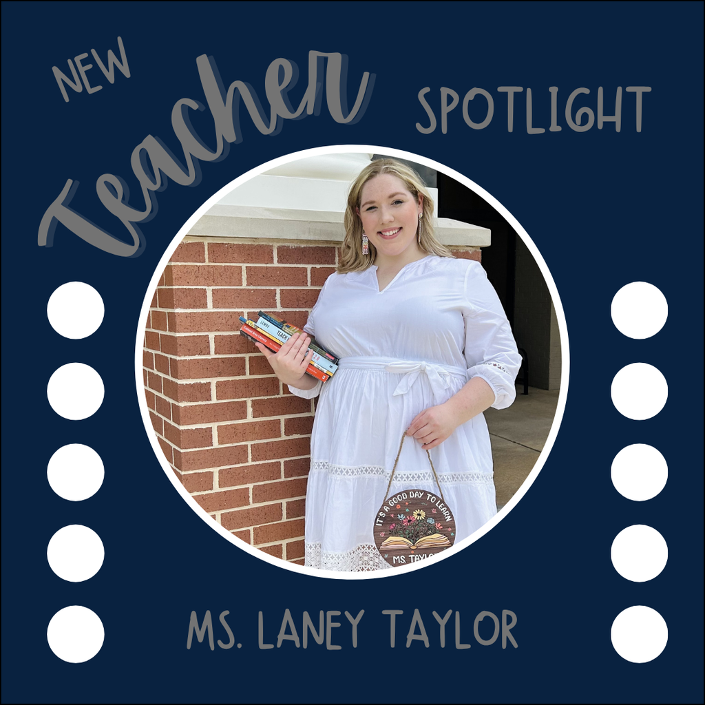 graphic for new teacher, picture with a woman holding books and a sign with her name on it