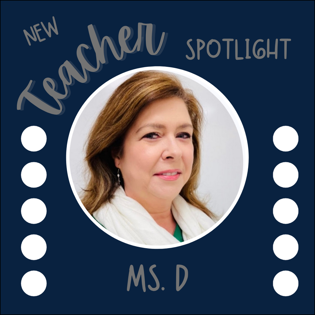 Graphic for a new teacher. Picture of woman in middle, Ms. D
