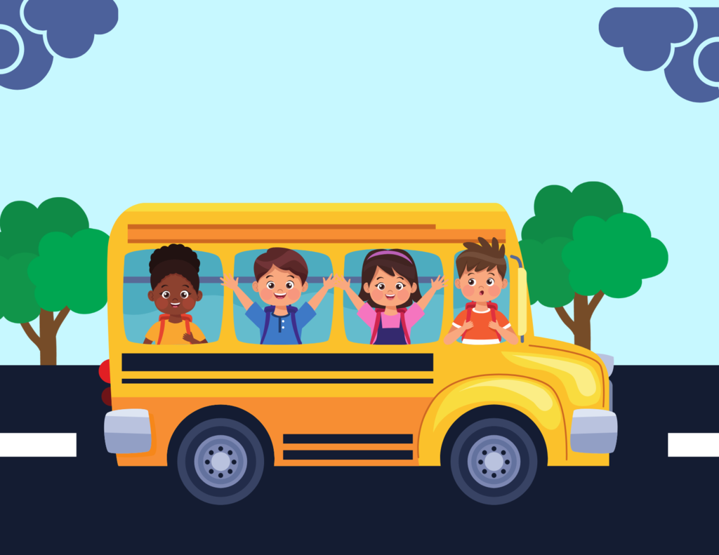  4 students riding on a school bus