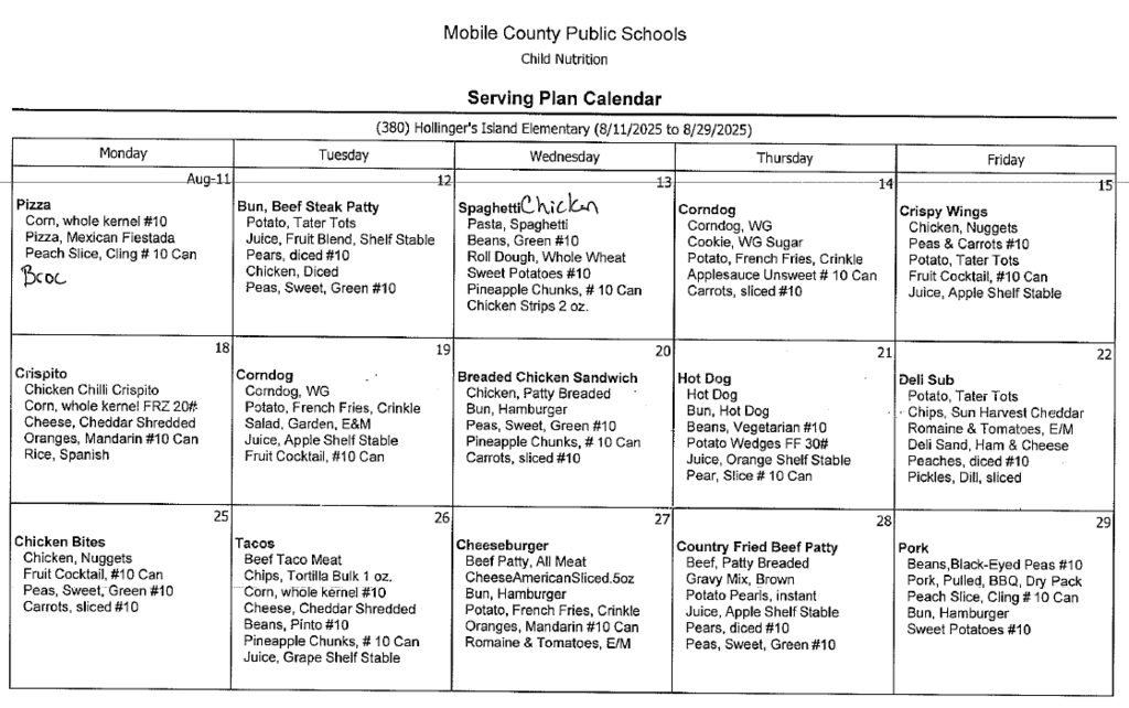 August lunch menu