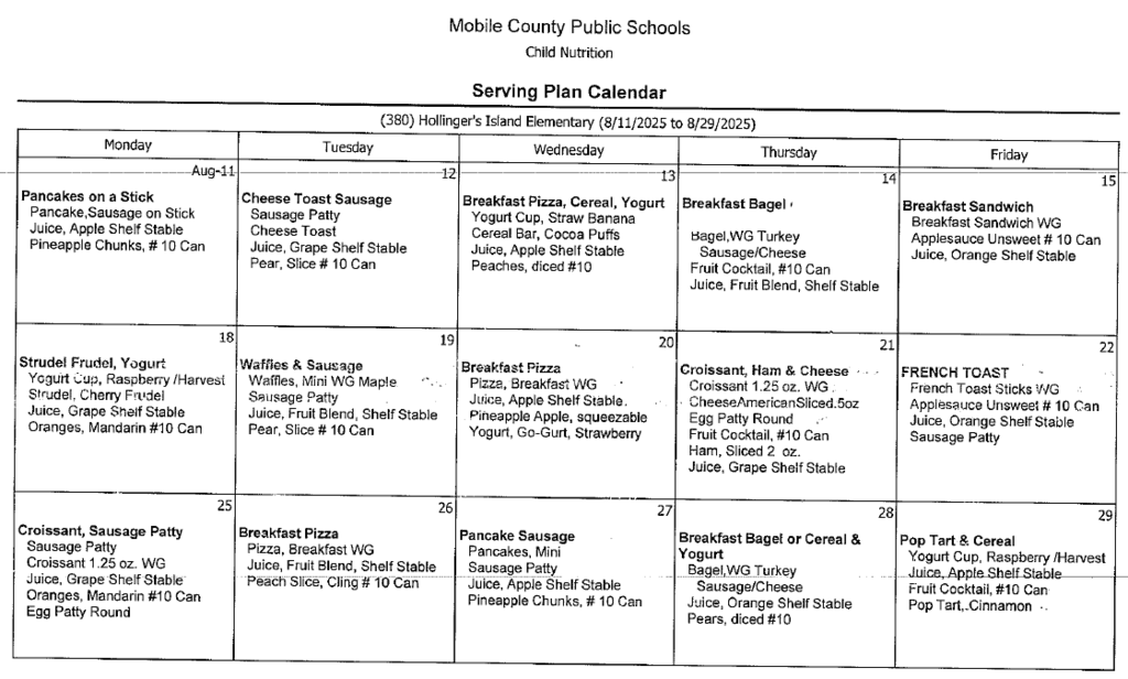 Breakfast and lunch menu for the month of August
