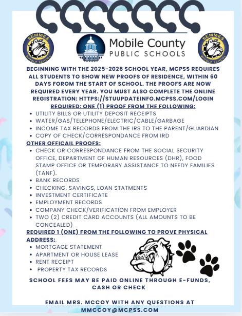 Additional Registration times for Semmes Middle School.  August 6th from 8-3