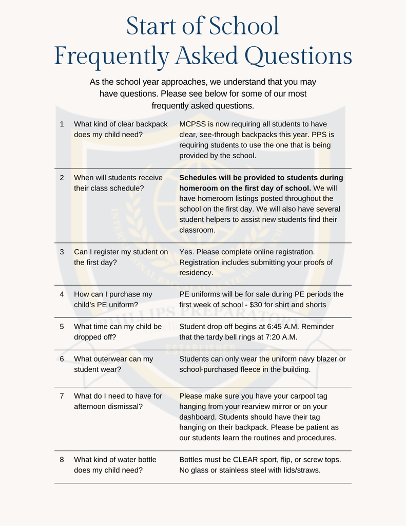 Start of School FAQs