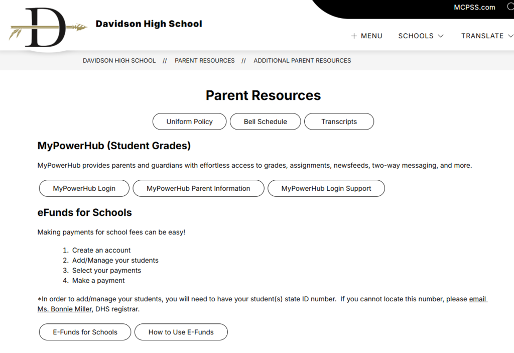 screenshot of Parent Page