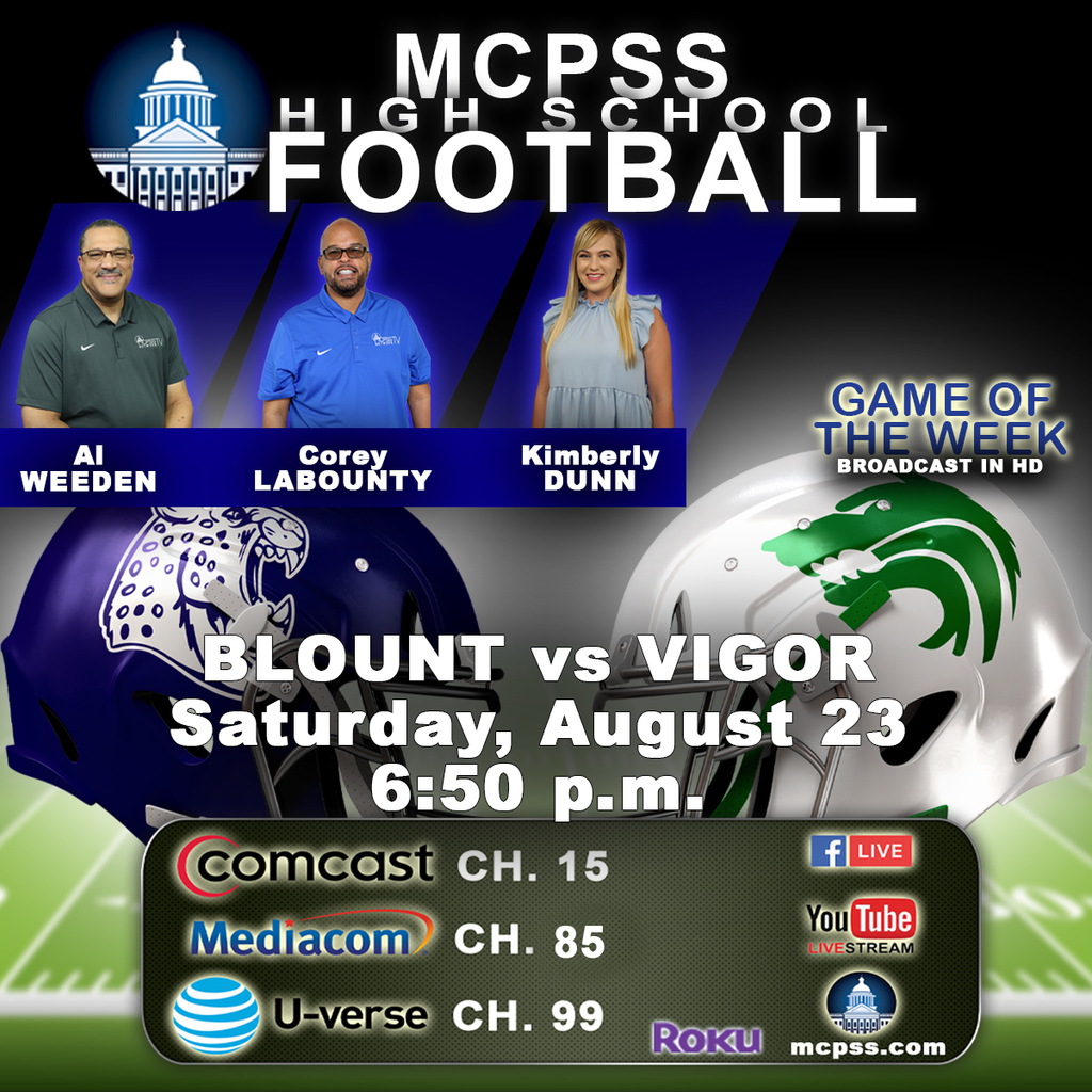 A graphic featuring the High School Football Game of the Week, with the helmets of Blount and Vigor high schools