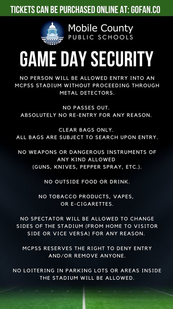 A graphic featuring the MCPSS game day security protocol for high school football stadiums