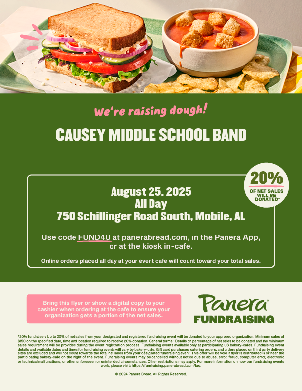 Graphic of flyer for Panera Bread band fundraiser english version