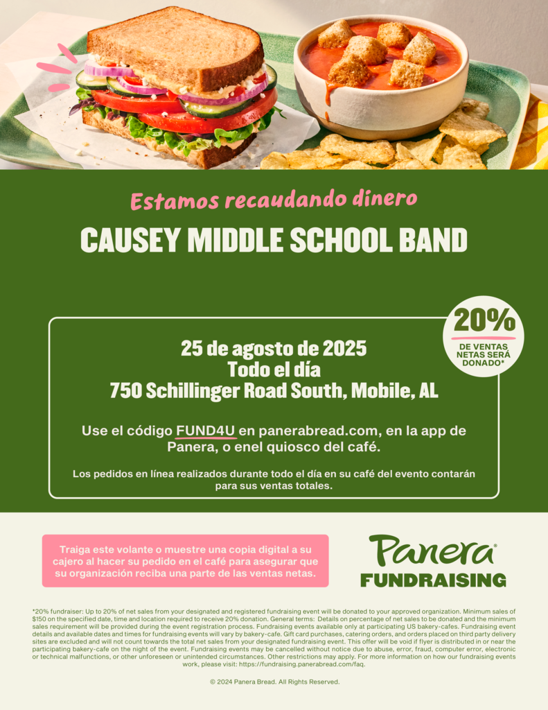 Graphic of flyer for Panera Bread band fundraiser spanish version