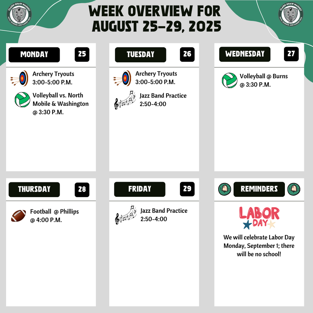 Week Overview for August 25-29
