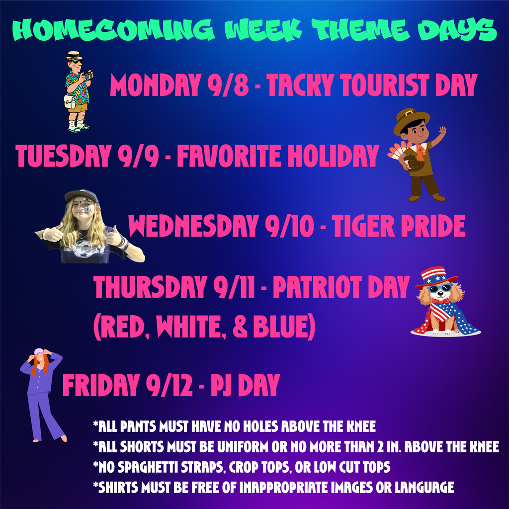 Graphic of homecoming dress-up themes for HOCO week