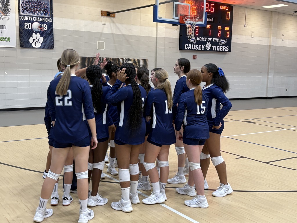 Volleyball team in a huddle with coach
