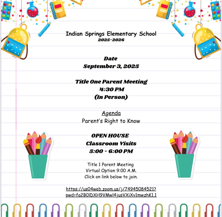 Flyer: Title I meeting at 4:30 followed by open house at 5:00. Link to virtual meeting option at 9am