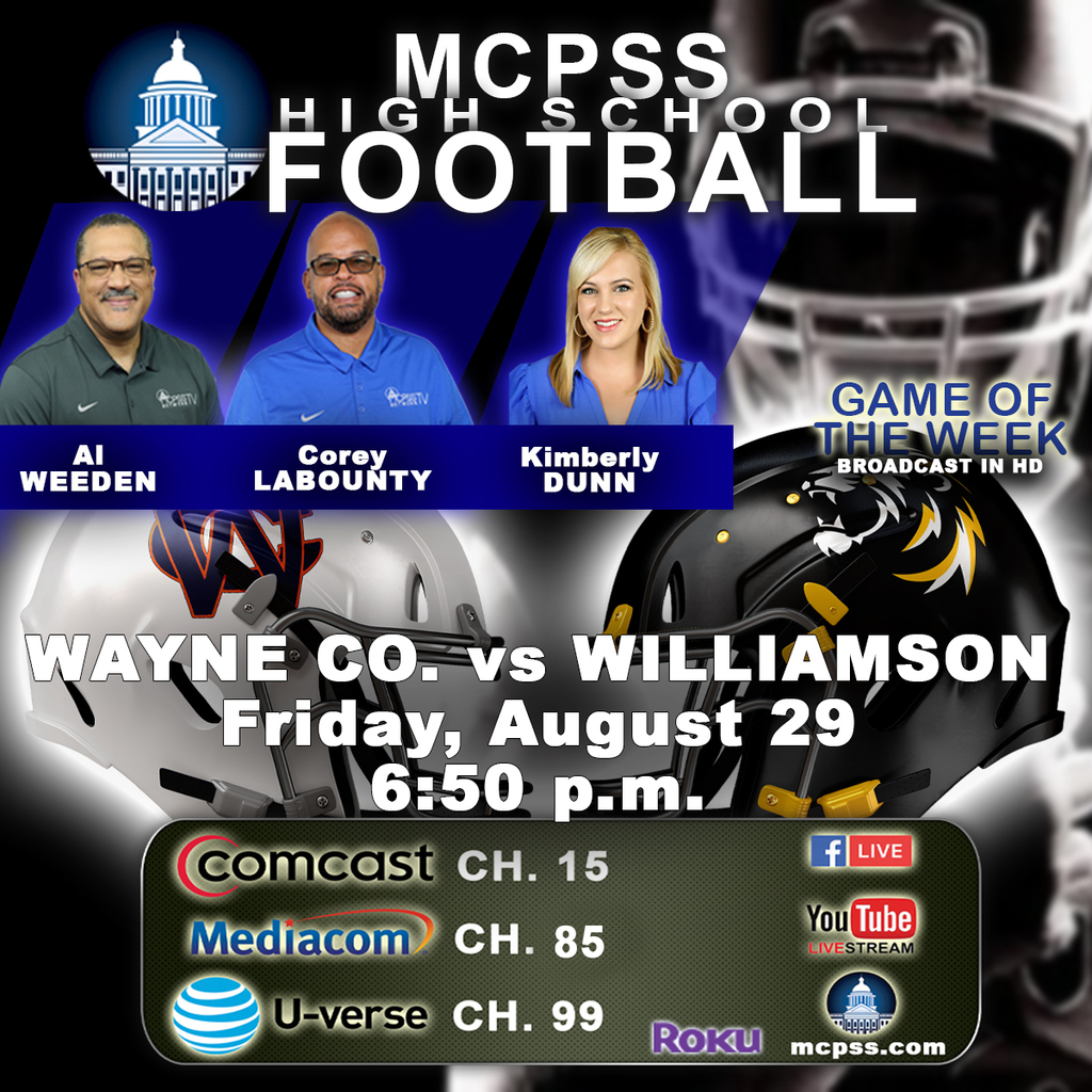 Graphic featuring the High School Football Game of the Week, Williamson vs. Wayne County