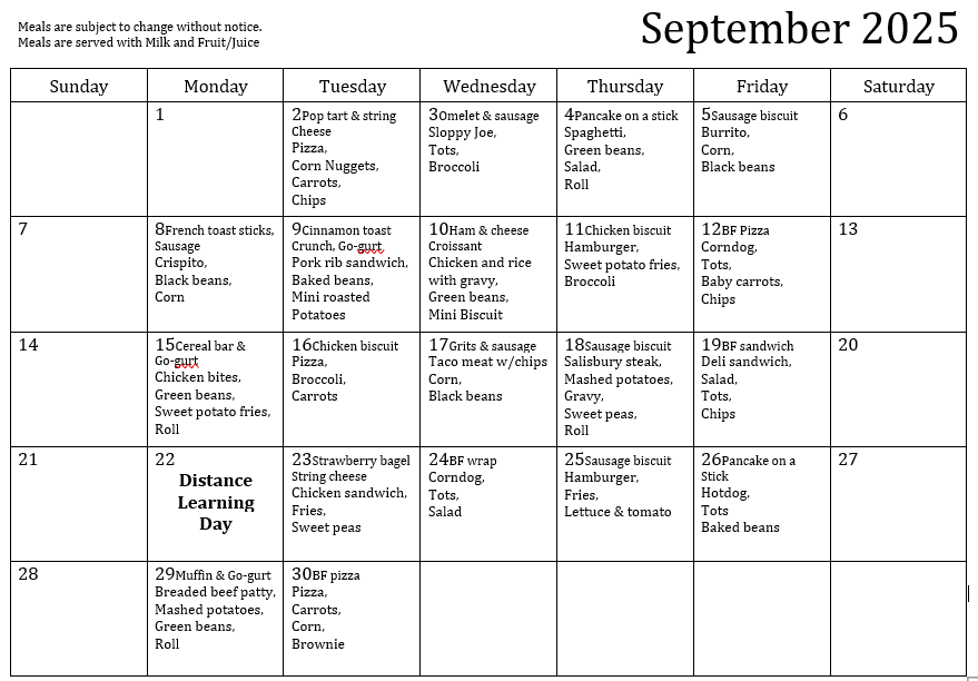 September lunch/breakfast menu