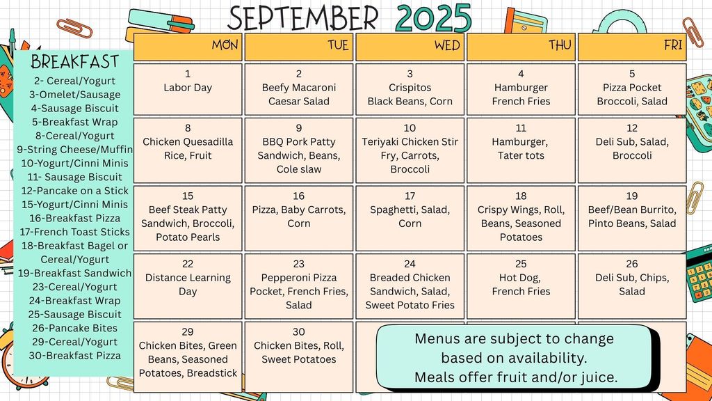 September Breakfast & Lunch Menu